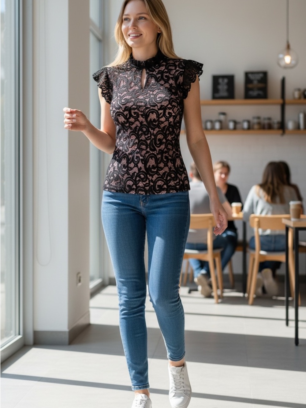 PerSeption Concept Black Lace Flutter Sleeve Blouse